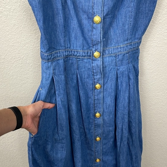 New L’Agence Denim Pleated Esmeralda Dress Button Front Blue Jean Stokes Sz 8 - Picture 5 of 16